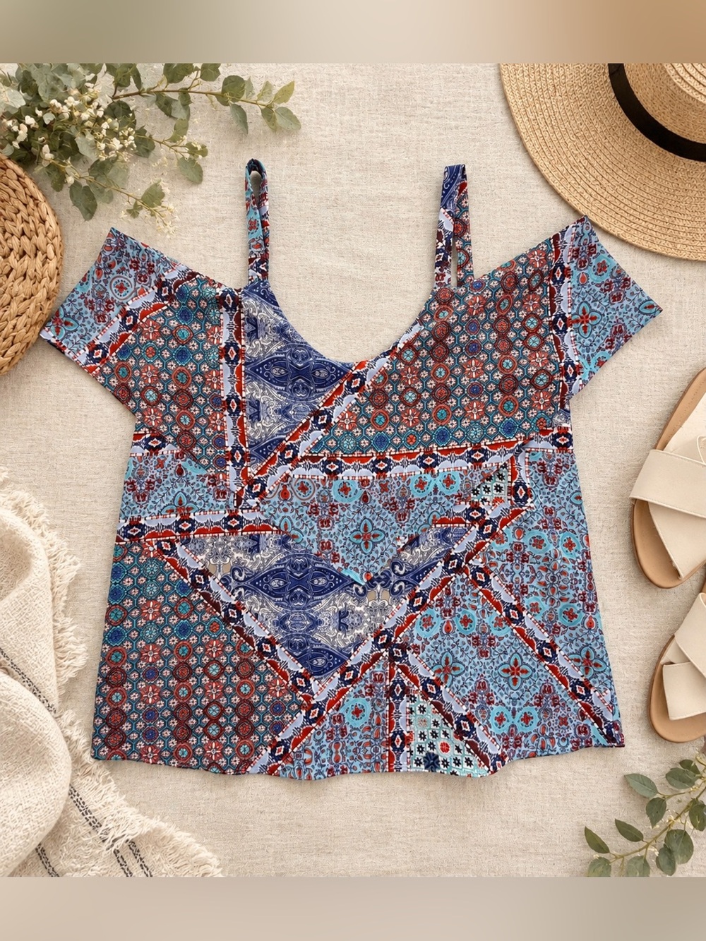 Braeve Boho Patchwork Print Cold Shoulder Blouse Top Blue Red Size S